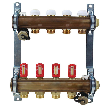 Rozdzielacz do ogrzewania podłogowego HERZ 4-obieg. mosiądz GW 1'' x GZ 3/4'' + przepływomierz + zawór napełn/spust + odpowietrznik
