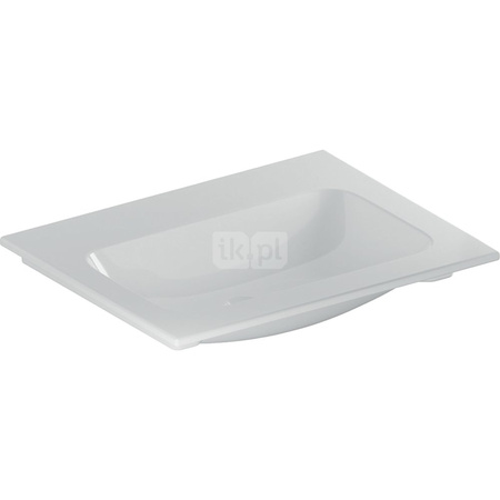Umywalka GEBERIT iCon prostokątna, biała, 600mm, bez otworu na baterię, nakładany od góry, bez odpływu przelewowego, półka od ściany
