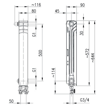 Element grzejnikowy lewy G500 F/D/1 z jonami srebra, z dol. zas. krzyż. i zesp. przył. prostym [50 x 50]