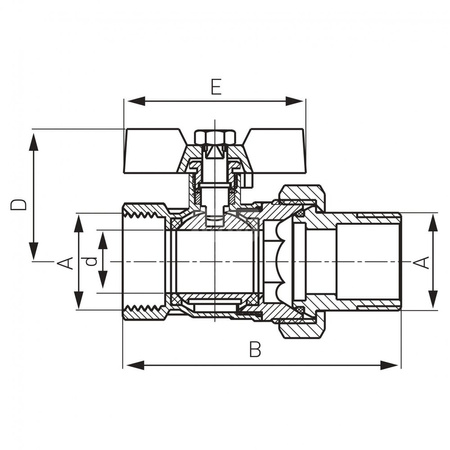 Zawór kulowy FERRO Standard ze śrubunkiem 1/2'' GZ x GW, uchwyt: motylek