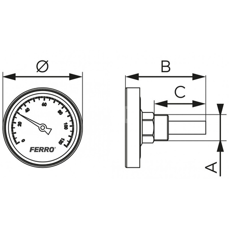 Termometr bimetaliczny FERRO fi 63 mm 120'C połączenie aksjalny