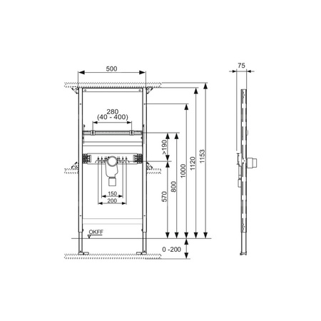 Stelaż podtynkowy do umywalki TECE profil, 1120 x 500 x 75 mm, regulowana wysokość