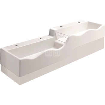 Umywalka GEBERIT Bambini podwójna 4-stanowiskowa prostokątna (rynna, bez elementów dekoracyjnych), biała, 1800mm, otwór na baterię z lewej i prawy, bez odpływu przelewowego, półka od ściany