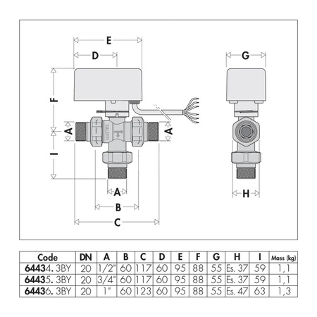 Trójdrożny zawór rozdzielający z napędem. Z siłownikiem ze sterowaniem 3-punktowym 40s 1/2"-230V