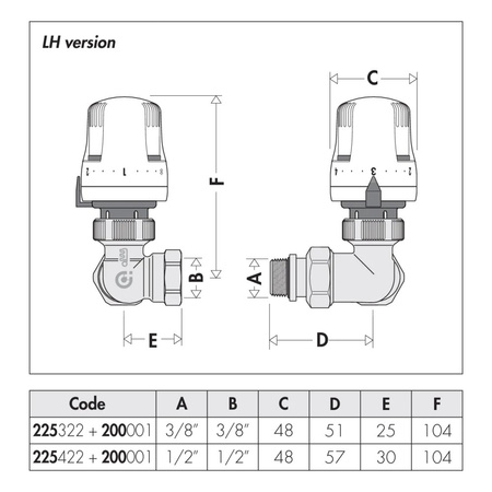 3-osiowy grzejnikowy zawór termostatyczny do rur stalowych (i miedzianych z serią 441). Wykonanie lewe 1/2"