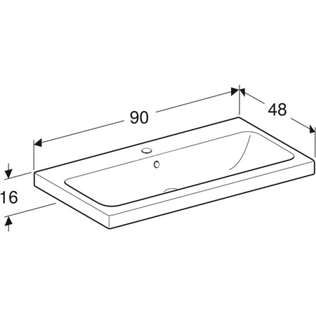 Umywalka GEBERIT iCon Light prostokątna, biała, 900mm, otwór na baterię na środku, z odpływem przelewowym, półka od ściany