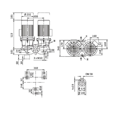 Pompa obiegowa WILO CronoTwin-DL 50/140-4/2-IE3 typu in-line z silnikiem znormalizowanym 50 Hz, moc silnika 4kW 7.75 A 2900 obr/min, wlot Kołnierz DN 50