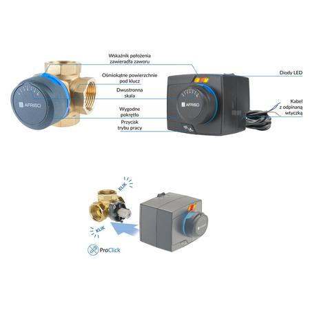 Zawór obrotowy czterodrogowy AFRISO ARV 484 ProClick, mieszający, Siłownik elektryczny ARM 343 ProClick, DN 25