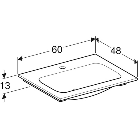Umywalka GEBERIT iCon prostokątna, biała, 600mm, otwór na baterię na środku, nakładany od góry, bez odpływu przelewowego, półka od ściany