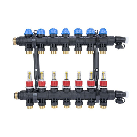 Rozdzielacz do ogrzewania podłogowego AFRISO ProCalida EF1 K 7-obieg. poliamid GZ 1'' x Euroconus 3/4'' + przepływomierz + zawór napełn/spust