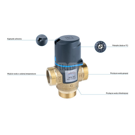 Zawór regulacyjny termostatyczny do wody ciepłej AFRISO ATM 561 mosiądz GZ 1'', DN 20, zakres temp. 20-43'C, Kvs 2.5 m3/h, maksymalna temperatura 90'C, maksymane ciśnienie 10 bar