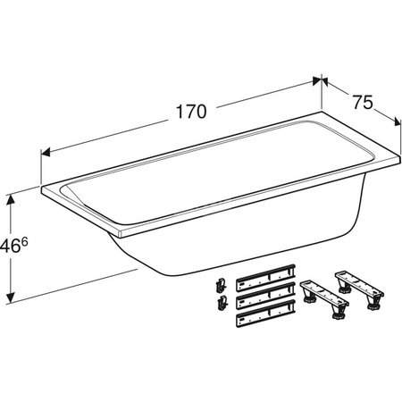 Wanna prostokątna Tawa 170x75, slim, z nogami montażowymi