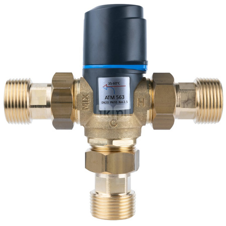 Zawór regulacyjny termostatyczny do wody ciepłej AFRISO ATM 563 ze śrubunkami mosiądz GZ 1'', DN 20, zakres temp. 35-60'C, Kvs 2.5 m3/h, maksymalna temperatura 90'C, maksymane ciśnienie 10 bar