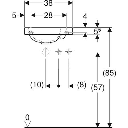 Umywalka GEBERIT iCon Light prostokątna, biała, 380mm, otwór na baterię z prawej, bez odpływu przelewowego, półka z prawej