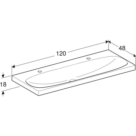 Umywalka GEBERIT Acanto 2-stanowiskowa prostokątna, biała, 1200mm, otwór na baterię z lewej i prawy, bez odpływu przelewowego, półka od ściany