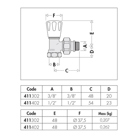 Grzejnikowy ręczny zawór kątowy do rur stalowych 3/8"