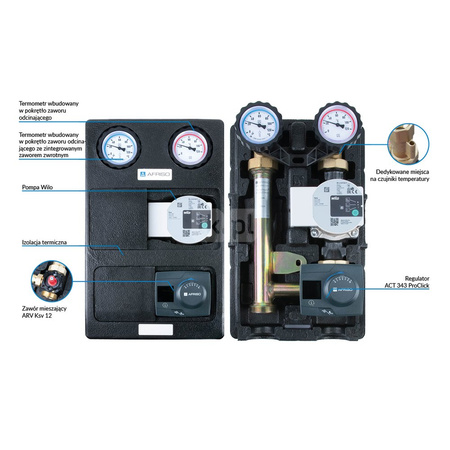 Grupa pompowa AFRISO PrimoTherm K 180-2 DN25 WP 3-WM-R GZ x GW 1 1/2'' x 1'', z zaworem mieszającym, z izolacją, z pompą obiegową