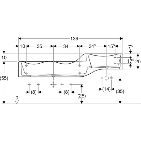 Umywalka GEBERIT Bambini podwójna 3-stanowiskowa prostokątna (rynna, bez elementów dekoracyjnych), biała, 1390mm, bez otworu na baterię, bez odpływu przelewowego, półka od ściany