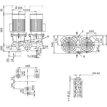 Pompa obiegowa WILO CronoTwin-DL 40/140-0,25/4-S1 typu in-line z silnikiem znormalizowanym 50 Hz, moc silnika 0.25kW 0.69 A 1450 obr/min, wlot Kołnierz DN 40
