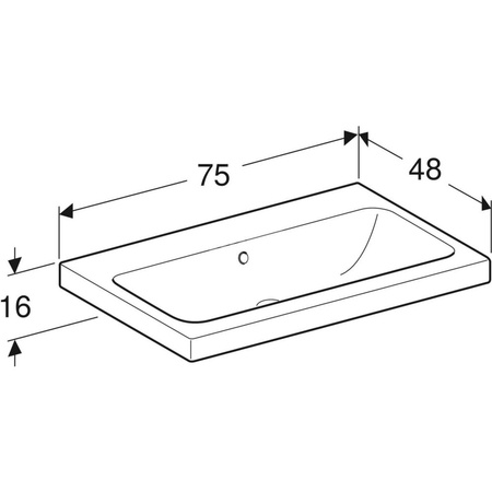 Umywalka GEBERIT iCon Light prostokątna, biała, 750mm, bez otworu na baterię, stawiana na blat, z odpływem przelewowym, półka od ściany