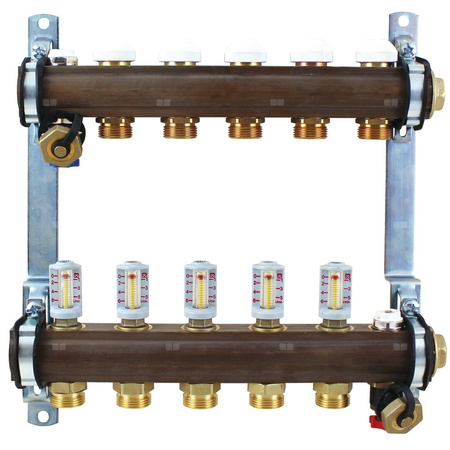 Rozdzielacz do ogrzewania podłogowego HERZ 10-obieg. GW 1'' x GZ 3/4'' + przepływomierz + zawór napełn/spust + odpowietrznik