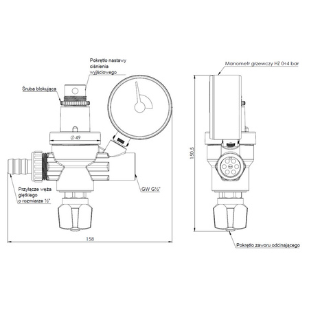 Zawór spustowo-napełniający AFRISO FAM 10 bar, max. 90'C GW x przyłącze do węża, 1/2'' x 1/2'', z manometrem