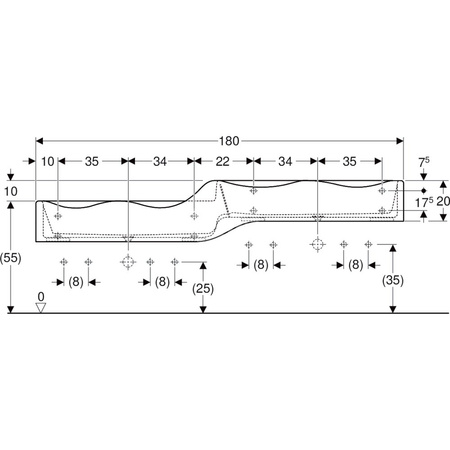 Umywalka GEBERIT Bambini podwójna 4-stanowiskowa prostokątna (rynna, bez elementów dekoracyjnych), biała, 1800mm, bez otworu na baterię, bez odpływu przelewowego, półka od ściany