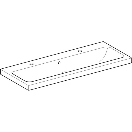 Umywalka GEBERIT iCon Light 2-stanowiskowa prostokątna, biała, 1200mm, otwór na baterię z lewej i prawy, z odpływem przelewowym, półka od ściany