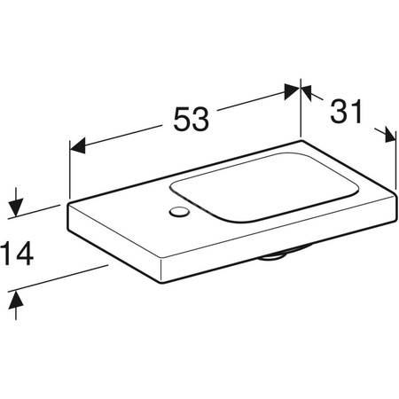 Umywalka GEBERIT iCon Light prostokątna, biała, 530mm, otwór na baterię z lewej, bez odpływu przelewowego, półka z lewej