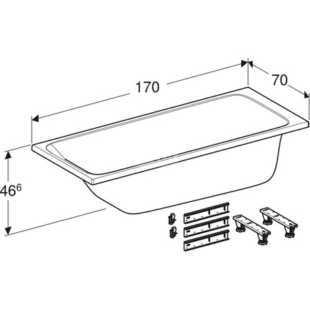 Wanna prostokątna Tawa 170x70, slim, z nogami montażowymi