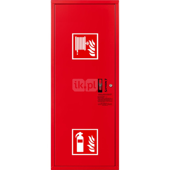 Hydrant DN33 zawieszany boczny z miejscem na gaśnicę, wąż 20m, ocynk fasada, zamek patent, RAL 3000 lewy