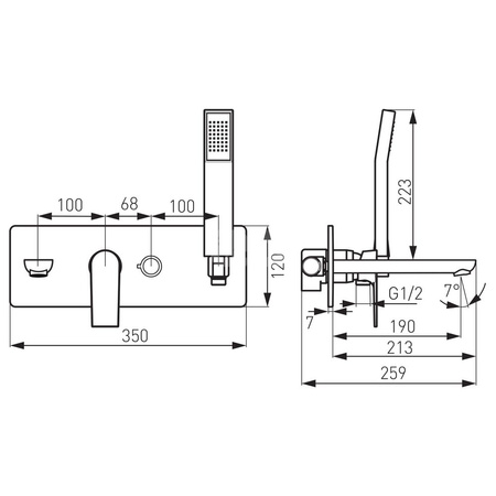 Bateria wannowa ścienna FERRO ALGEO SQUARE, kolor chrom, montaż podtynkowa