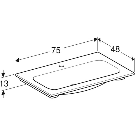 Umywalka GEBERIT iCon prostokątna, biała, 750mm, otwór na baterię na środku, nakładany od góry, bez odpływu przelewowego, półka od ściany