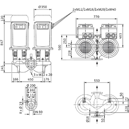 Pompa obiegowa WILO CronoTwin-DL-E 80/200-22/2-S1 typu in-line z silnikiem znormalizowanym 50/60 Hz, moc silnika 22kW 37.4 A 2900 obr/min, wlot Kołnierz DN 80