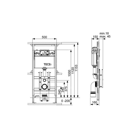 Stelaż podtynkowy do WC TECE lux, 1120 x 500 x 160 mm, regulowana wysokość, ze spłuczką