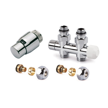 Zestaw CHROM do grzejników dolnozasilanych: głowica Thera-200 (chroma/chrom) T4221, zawór podwójny, prosty, V2882DSL15A + 2x złączka do rur wielowarstwowych FEM24M16X2