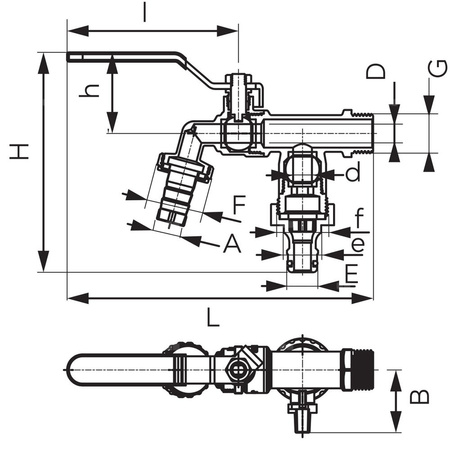 Zawór kulowy FERRO F-Comfort z dwoma przyłączami czerpalny 1/2'' x 3/4'' GZ x szybkozłącze, uchwyt: dźwignia