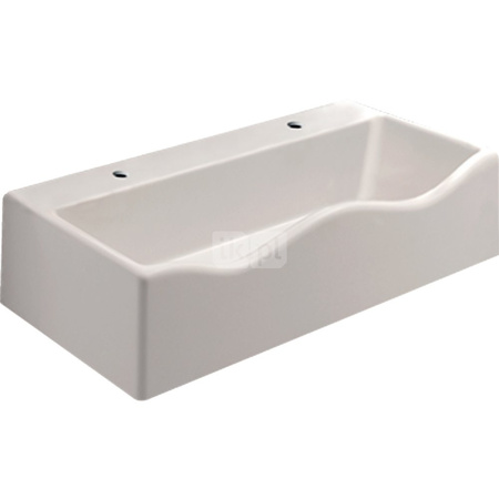 Umywalka GEBERIT Bambini 2-stanowiskowa prostokątna, biała, 900mm, otwór na baterię z lewej i prawy, bez odpływu przelewowego, półka od ściany