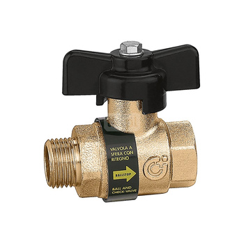 BALLSTOP - Zawór kulowy z wbudowanym zaworem zwrotnym z gwintem zewnętrzny i wewnętrznym. Pokrętło motylkowe 1/2" GZ x 1/2" GW