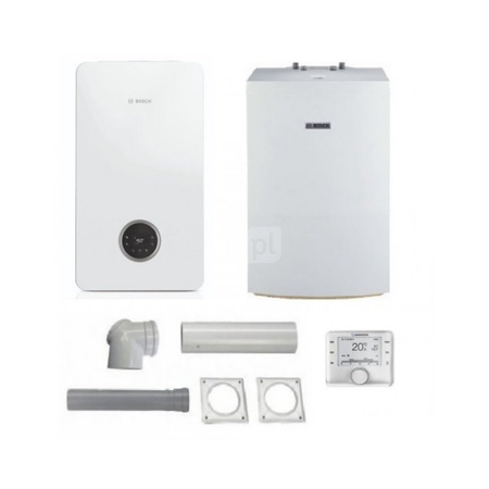Pakiet - Kocioł gazowy jednofunkcyjny BOSCH TERMOTECHNIKA CONDENS GC2300iW20P kondensacyjny wiszący 21.2 kW + Czujnik temperatury zewnętrznej + Zestaw powietrzno-spalinowy 2581 (do szachtu) + Czujnik c.w.u. + Regulator CW400 + Zasobnik c.w.u WD160B