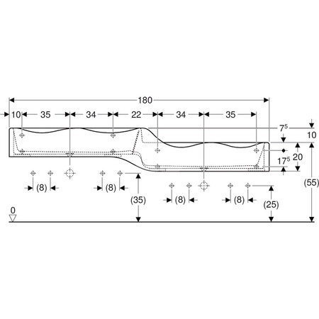 Umywalka GEBERIT Bambini podwójna 4-stanowiskowa prostokątna (rynna, bez elementów dekoracyjnych), biała, 1800mm, bez otworu na baterię, bez odpływu przelewowego, półka od ściany