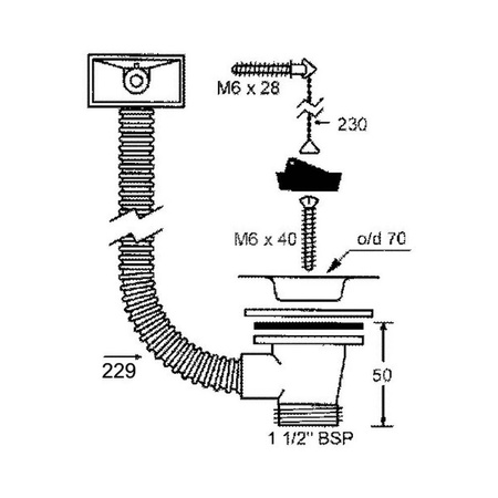 Spust zlewozmywakowy 11/2"x40mm z sitem ze stali nierdzewnej i korkiem gumowym i łańcuszkiem, przelew prostokątny