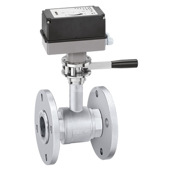 Dwudrożny zawór kulowy z napędem z ręcznym otwieraniem. Przyłącza kołnierzowe PN16 DN80 230V