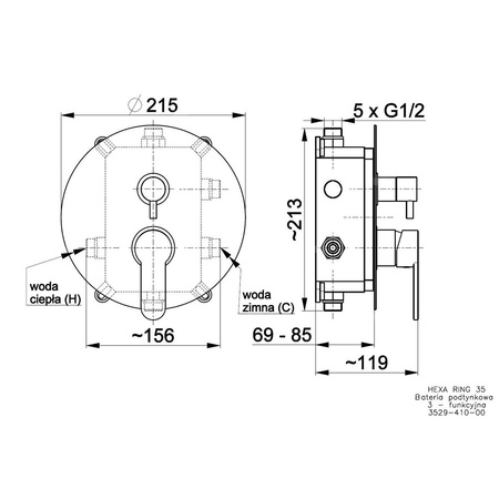 Bateria podtynkowa KFA Armatura HEXA, kolor chrom, poł. GW