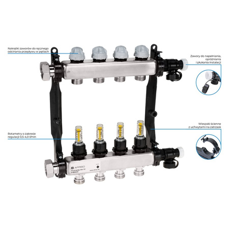 Rozdzielacz do ogrzewania podłogowego AFRISO ProCalida VA 1C 4-obieg. stal nierdzewna GZ 1'' x Euroconus 3/4''