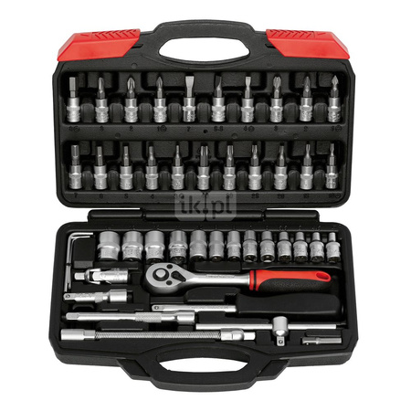 Zestaw 46szt.: bity wkrętakowe – 21 sztuk, nasadki kluczowe – 13 sztuk, klucze imbusowe - 4 sztuki, przedłużki – 3 sztuki (w tym jedna elastyczna), adaptery – 2 sztuki (w tym jeden przegubowy), grzechotka – 1 sztuka, rękojeści – 2 sztuki