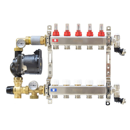Rozdzielacz ze stali nierdzewnej do ogrzewania podłogowego CS-Rot05 5F, z grupą mieszająco-pompową, z pompą DAB Evosta2 65/130