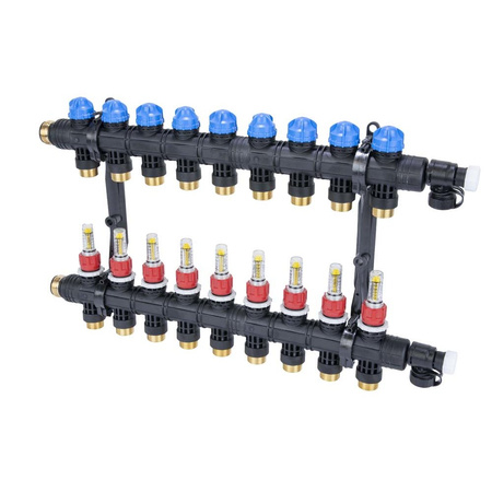 Rozdzielacz do ogrzewania podłogowego AFRISO ProCalida EF1 K 9-obieg. poliamid GZ 1'' x euroconus 3/4'' + przepływomierz + zawór napełn/spust