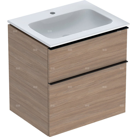 Zestaw: umywalka meblowa iCon slim, z szafką pod umywalkę, dwoma szufladami i zestawem odpływowo-przelewowym do umywalki: 60cm, dąb / melaminowa struktura drewna, lava / matowy