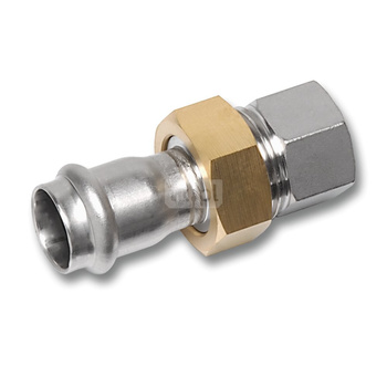 Śrubunek SANHA NiroSan Press z uszczelką i nakrętką z mosiądzu trzyczęść., stal nierdzewna, 22 mm x 1'' (zw x GW)